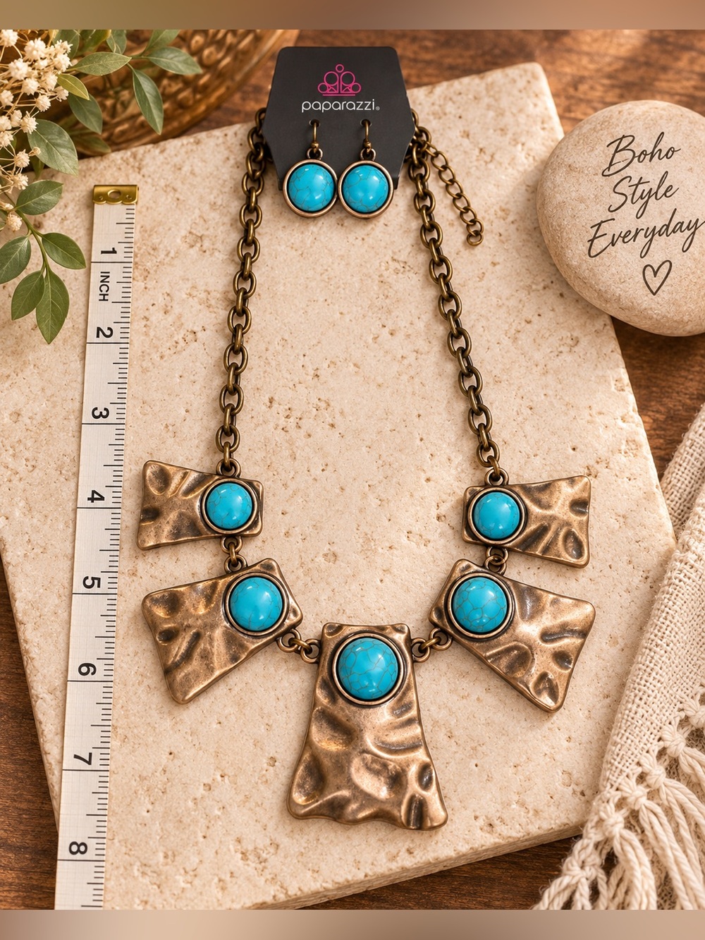 Paparazzi Turquoise-Look & Bronze-Tone Necklace and Earring Set